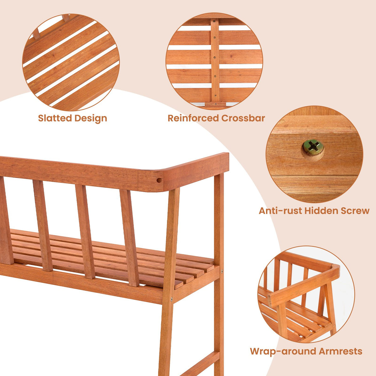 Outdoor Eucalyptus Wood Bench with Backrest and Armrests view 9