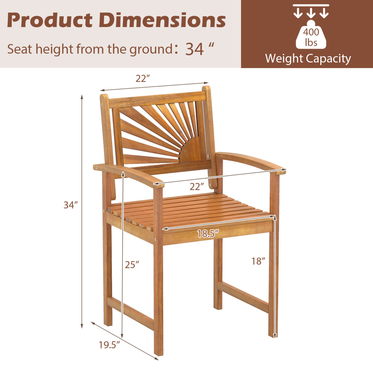 Outdoor Acacia Wood Dining Chairs-3 Pieces view 4