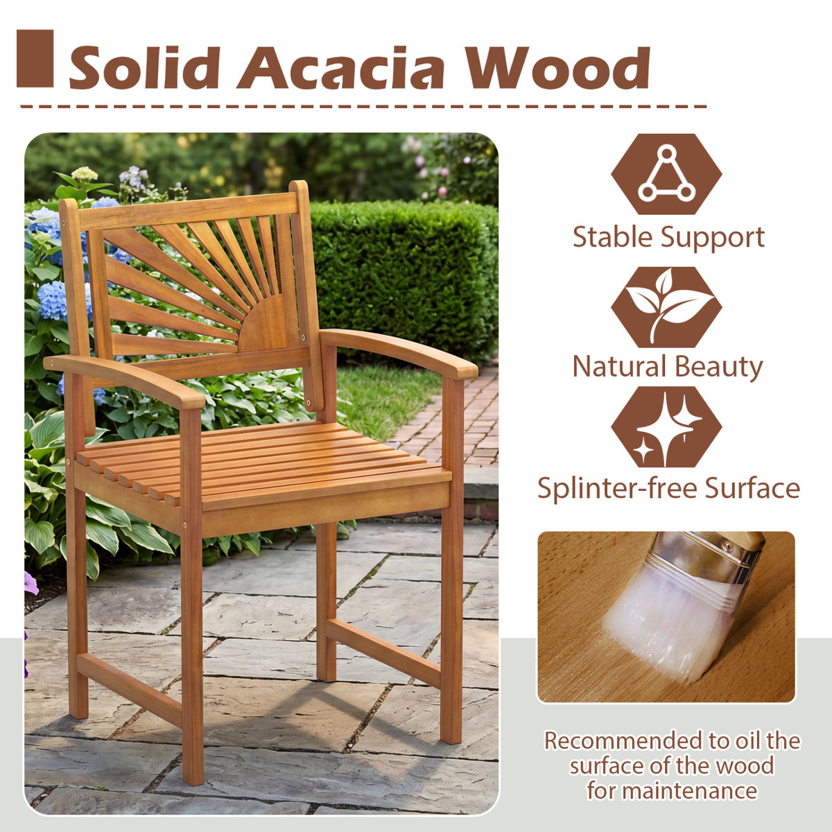 Outdoor Acacia Wood Dining Chairs-3 Pieces view 6