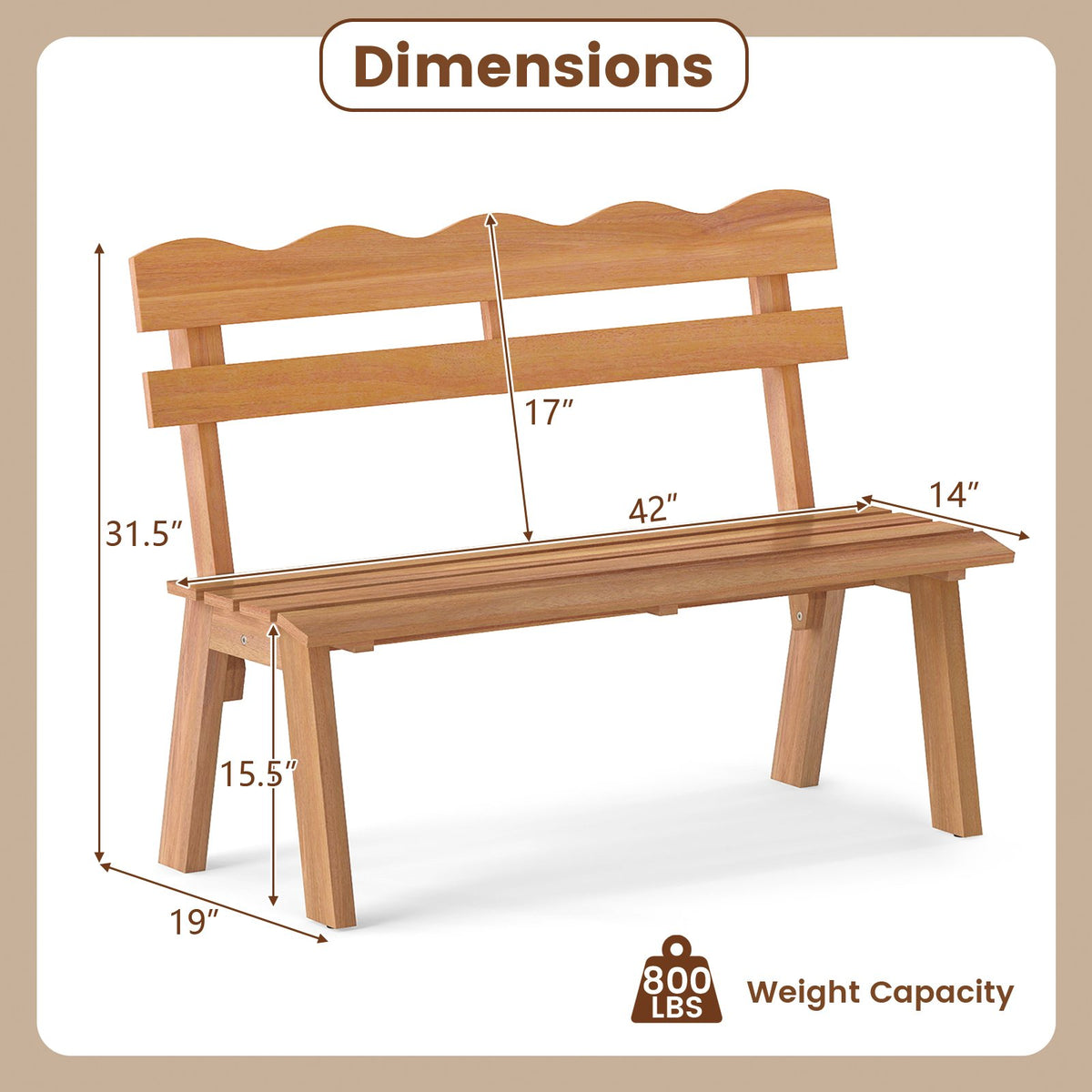 Outdoor Acacia Wood Garden Bench with 800 lbs Weight Capacity view 4