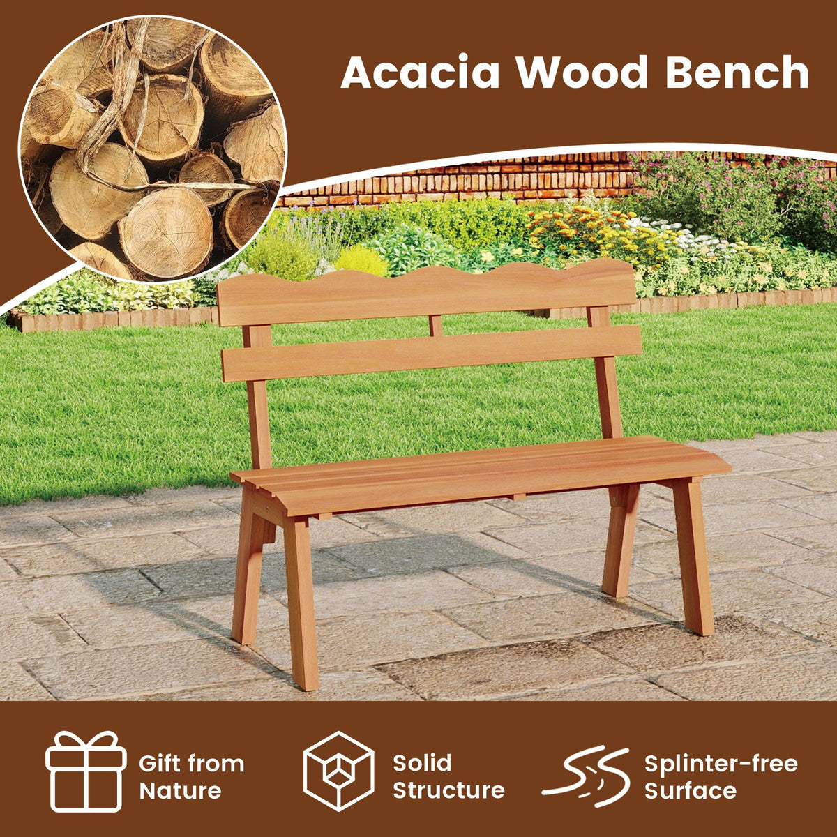 Outdoor Acacia Wood Garden Bench with 800 lbs Weight Capacity view 7