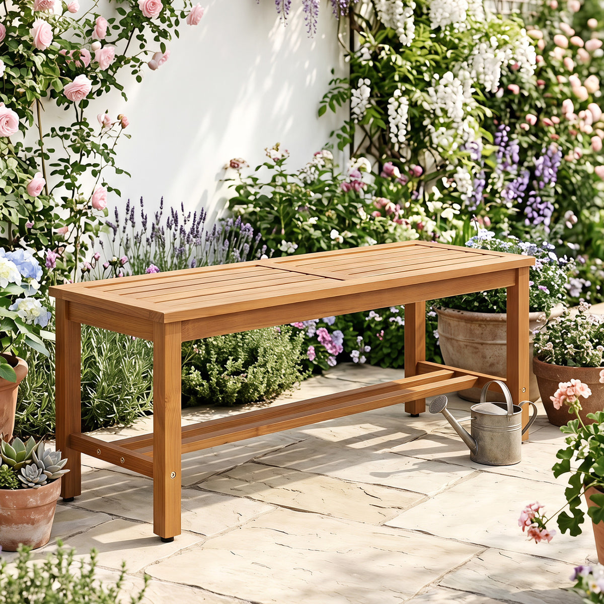 Outdoor Acacia Wood Patio Bench for 2 with Slatted Seat-1 Piece view 2