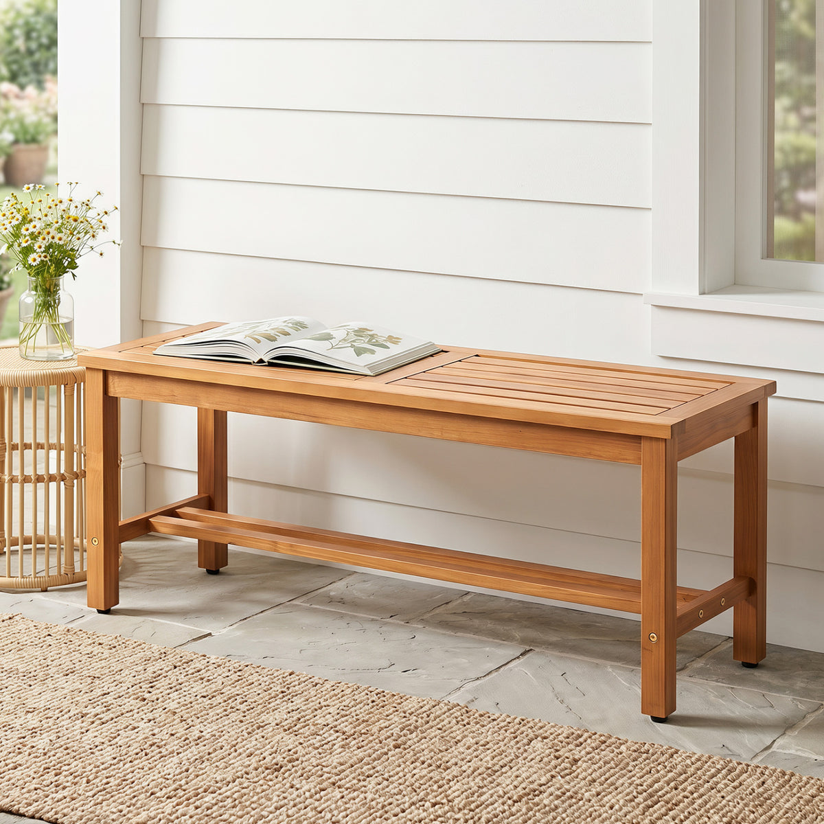 Outdoor Acacia Wood Patio Bench for 2 with Slatted Seat-1 Piece view 3