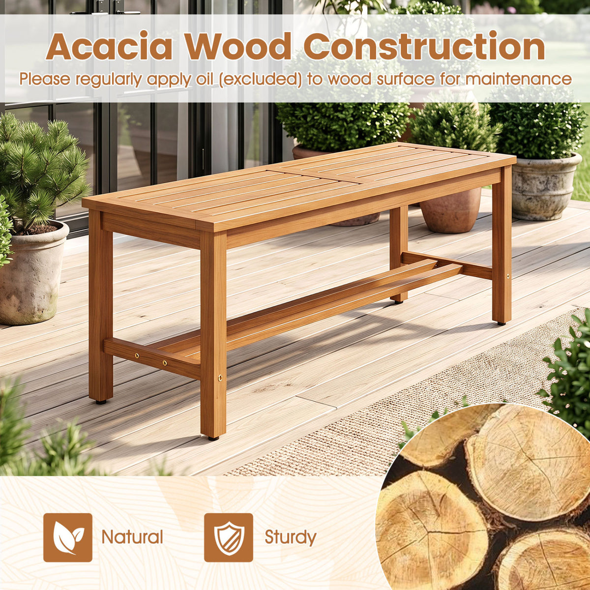 Outdoor Acacia Wood Patio Bench for 2 with Slatted Seat-1 Piece view 4