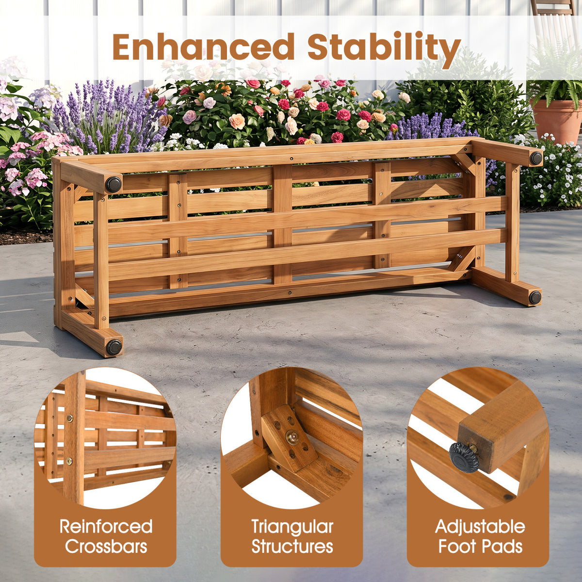 Outdoor Acacia Wood Patio Bench for 2 with Slatted Seat-1 Piece view 7