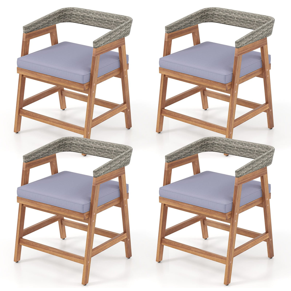 Outdoor Acacia Wood Patio Wicker Dining Chairs Set of 4 with Seat Cushion-Gray