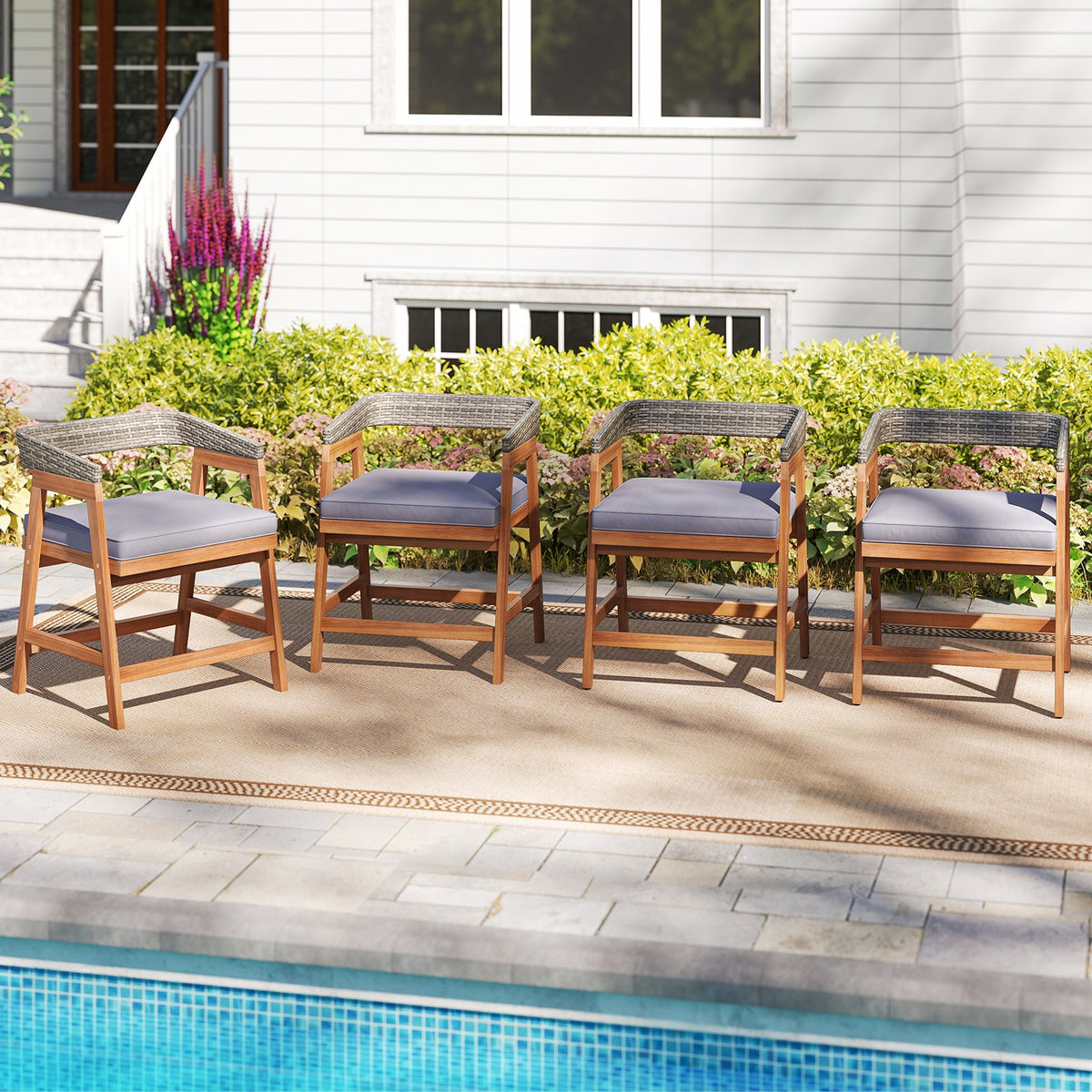 Outdoor Acacia Wood Patio Wicker Dining Chairs Set of 4 with Seat Cushion-Gray view 2