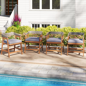 Outdoor Acacia Wood Patio Wicker Dining Chairs Set of 4 with Seat Cushion-Gray view 2