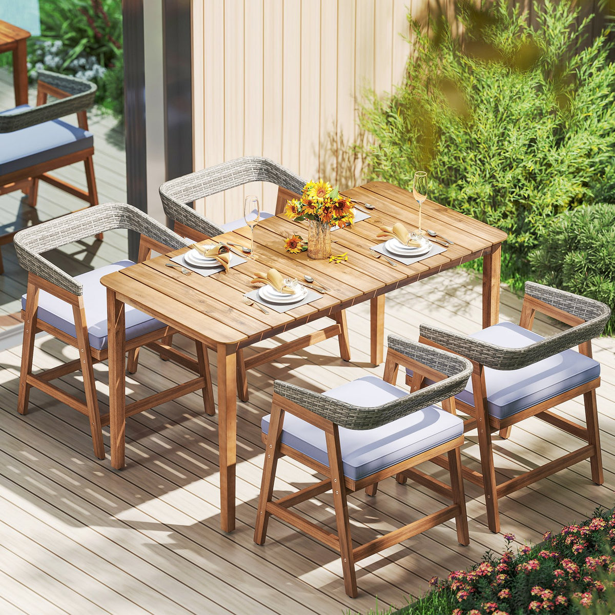 Outdoor Acacia Wood Patio Wicker Dining Chairs Set of 4 with Seat Cushion-Gray view 3