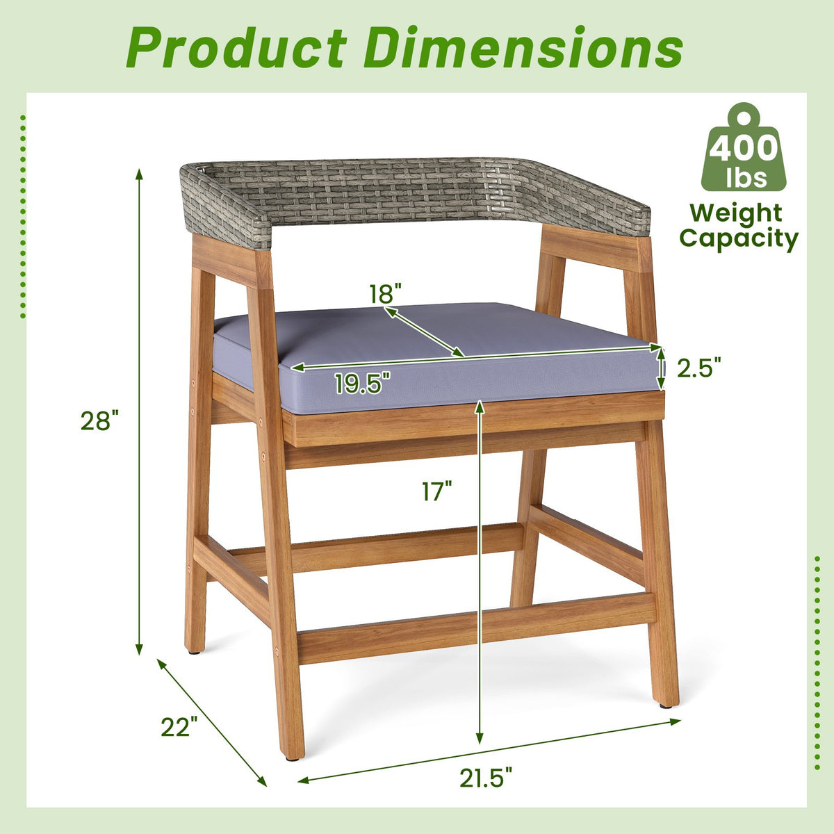 Outdoor Acacia Wood Patio Wicker Dining Chairs Set of 4 with Seat Cushion-Gray view 4