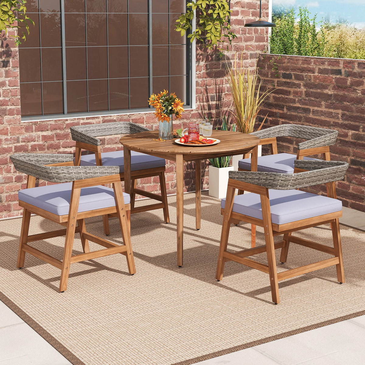 Outdoor Acacia Wood Patio Wicker Dining Chairs Set of 4 with Seat Cushion-Gray view 5