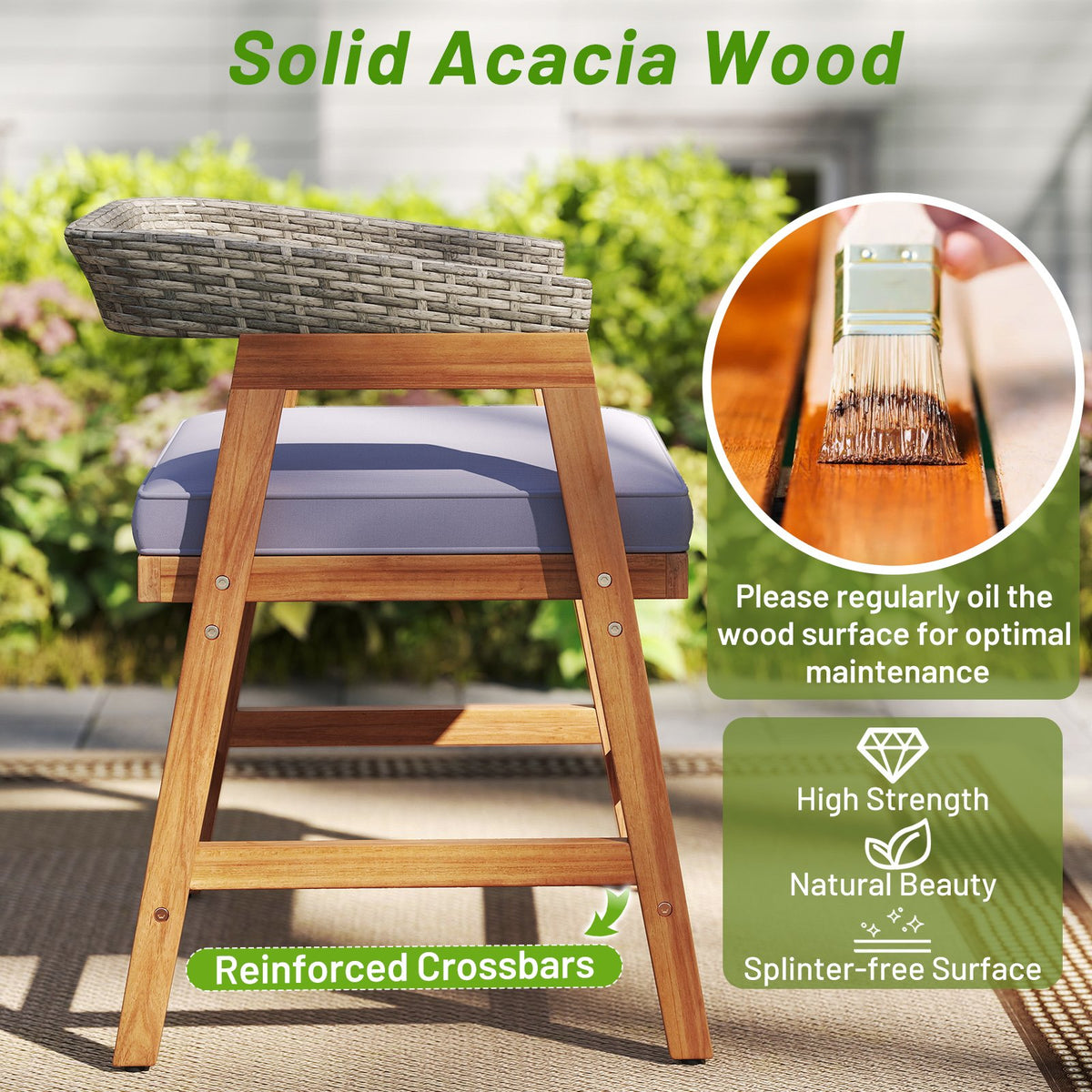 Outdoor Acacia Wood Patio Wicker Dining Chairs Set of 4 with Seat Cushion-Gray view 8