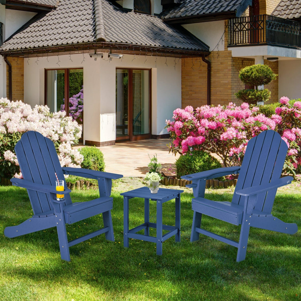 Outdoor Adirondack Chair with Built-in Cup Holder for Backyard Porch-Navy view 2