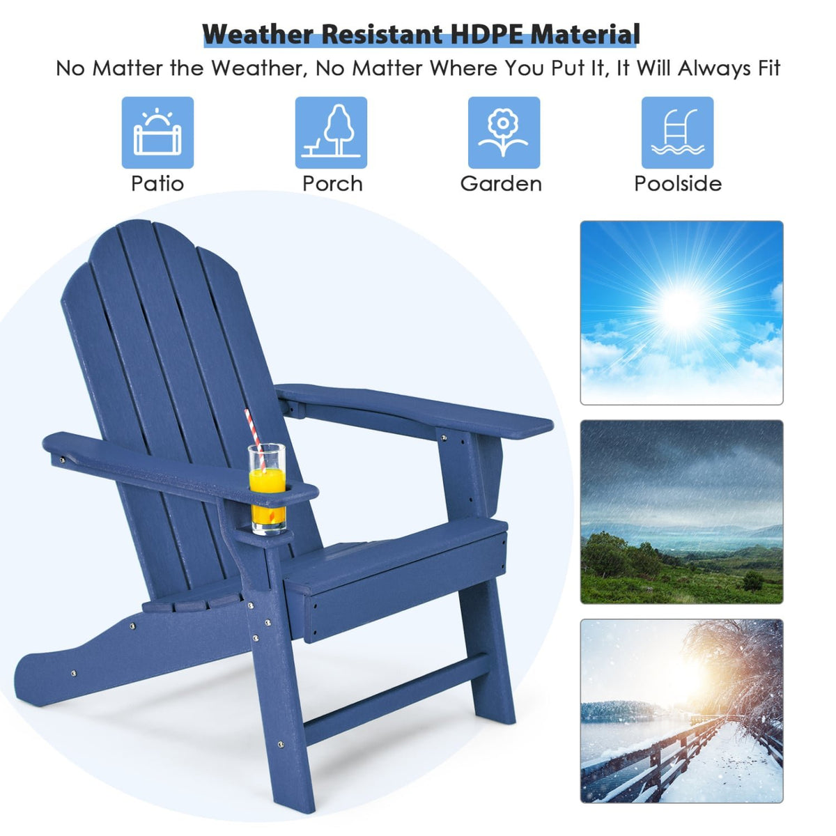 Outdoor Adirondack Chair with Built-in Cup Holder for Backyard Porch-Navy view 6