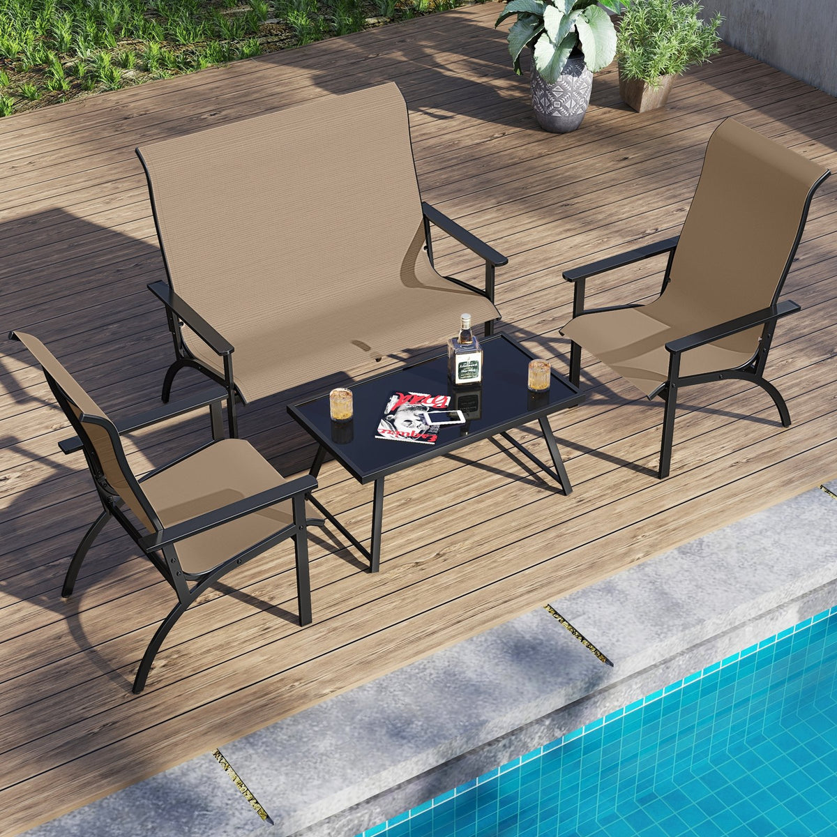 Outdoor Adirondack Chair with High Back and Metal Frame for Porch Garden-Coffee view 6