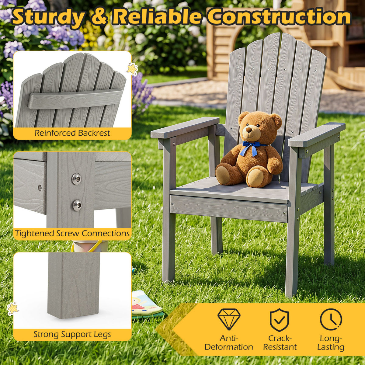 Outdoor Adirondack Chair with High Backrest and Wide Armrests for Deck Poolside-Silver view 7