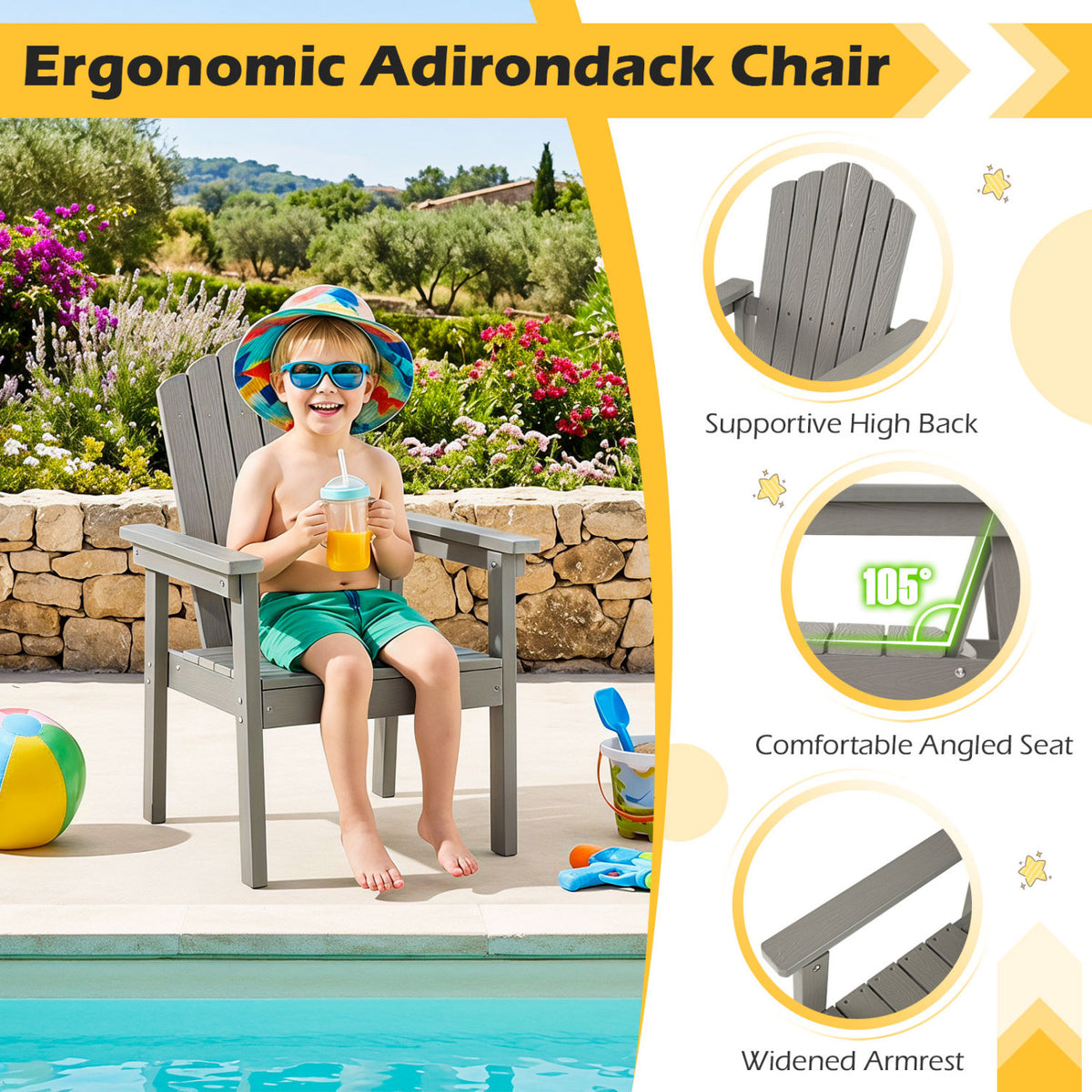 Outdoor Adirondack Chair with High Backrest and Wide Armrests for Deck Poolside-Silver view 8
