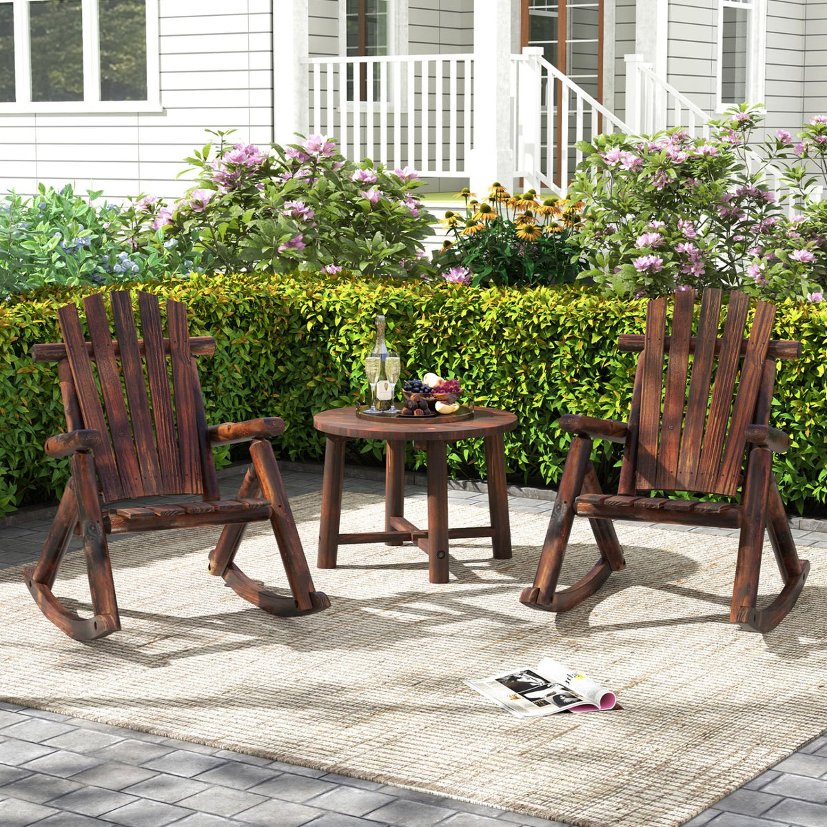 Outdoor Adirondack Rocking Chair for Adults Solid Wood Porch Rocker-Brown view 3