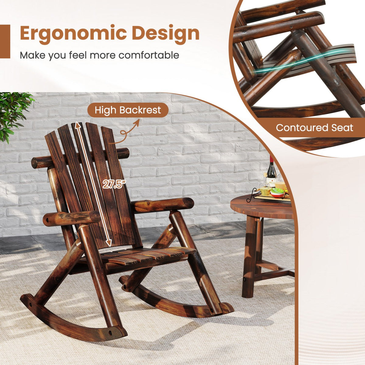 Outdoor Adirondack Rocking Chair for Adults Solid Wood Porch Rocker-Brown view 7