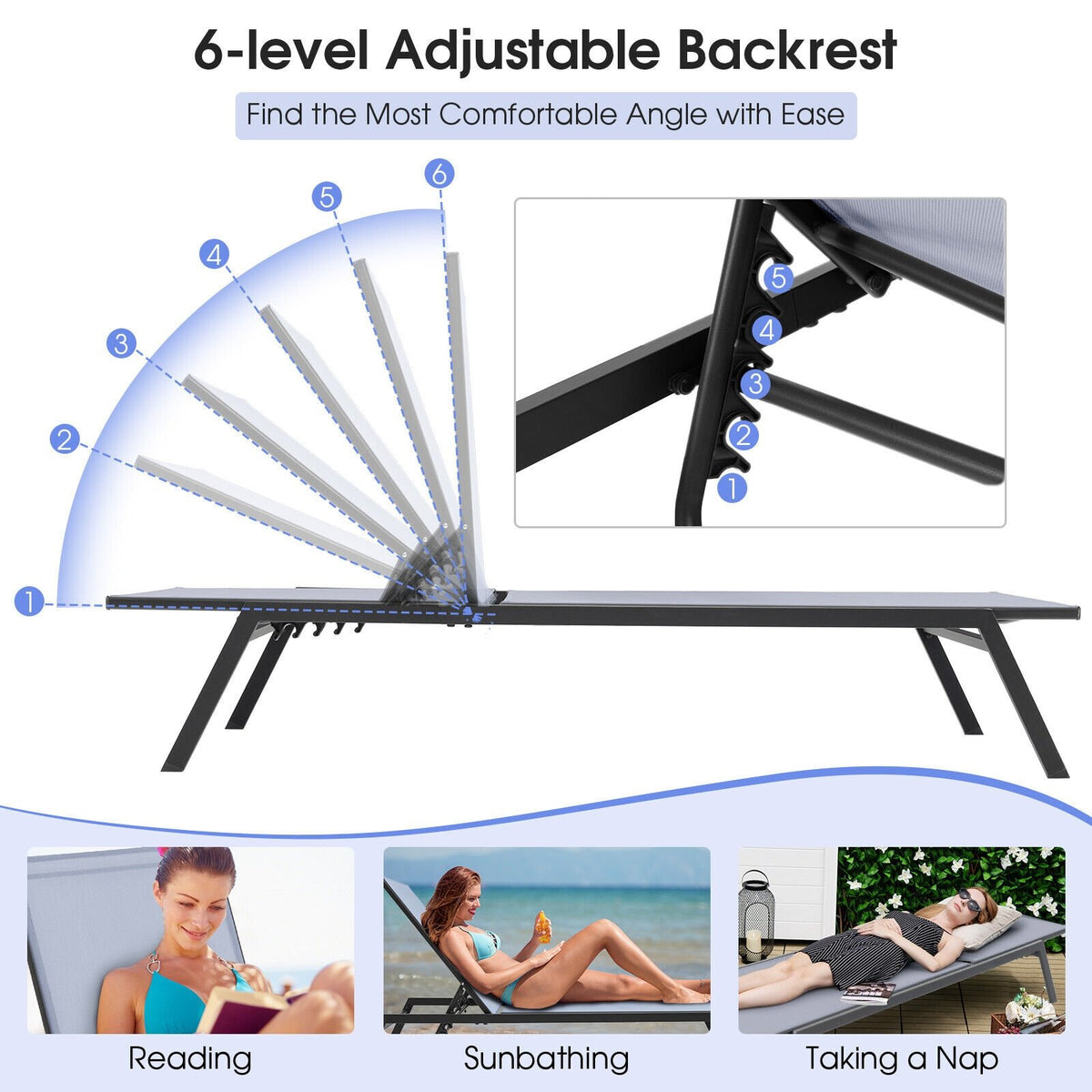 Outdoor Adjustable Chaise Lounge Chair with Lay Flat Position and Quick-Drying Fabric view 5