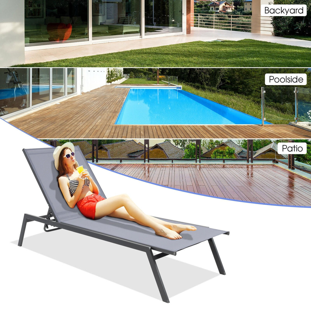 Outdoor Adjustable Chaise Lounge Chair with Lay Flat Position and Quick-Drying Fabric view 6