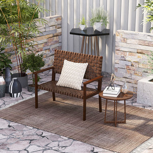 Outdoor All Weather Bench with Solid Rubber Wood Frame and Hand Woven PU Leather-Brown view 2