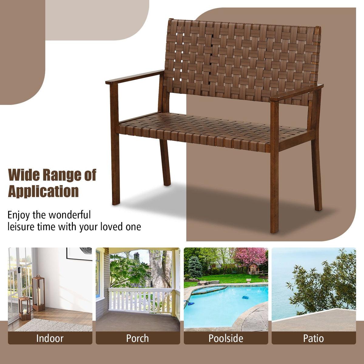 Outdoor All Weather Bench with Solid Rubber Wood Frame and Hand Woven PU Leather-Brown view 7