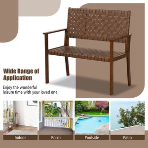 Outdoor All Weather Bench with Solid Rubber Wood Frame and Hand Woven PU Leather-Brown view 7