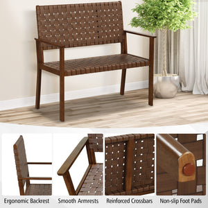 Outdoor All Weather Bench with Solid Rubber Wood Frame and Hand Woven PU Leather-Brown view 8
