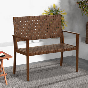 Outdoor All Weather Bench with Solid Rubber Wood Frame and Hand Woven PU Leather-Brown view 9
