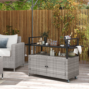 Outdoor Bar Cart Wicker Buffet Serving Cart with Cabinet and 8 Hooks-Gray view 2