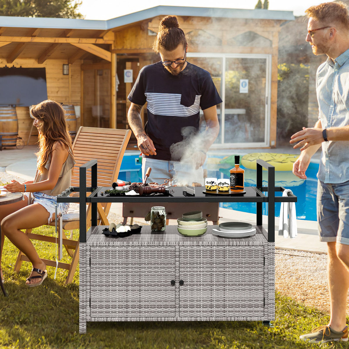 Outdoor Bar Cart Wicker Buffet Serving Cart with Cabinet and 8 Hooks-Gray view 3