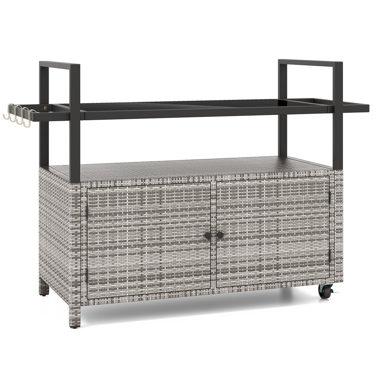 Outdoor Bar Cart Wicker Buffet Serving Cart with Cabinet and 8 Hooks-Gray view 4