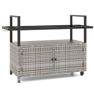Outdoor Bar Cart Wicker Buffet Serving Cart with Cabinet and 8 Hooks-Gray view 4