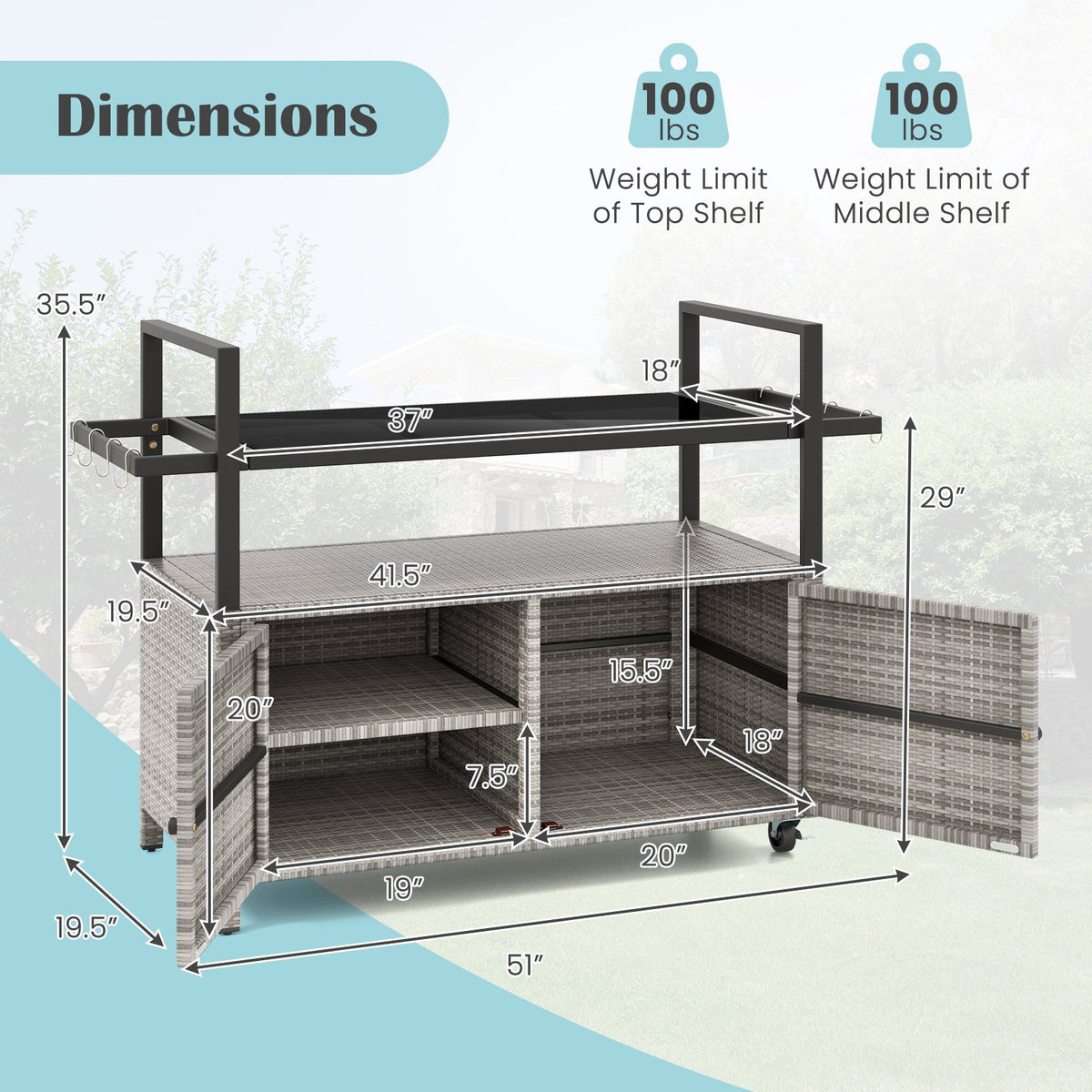 Outdoor Bar Cart Wicker Buffet Serving Cart with Cabinet and 8 Hooks-Gray view 5