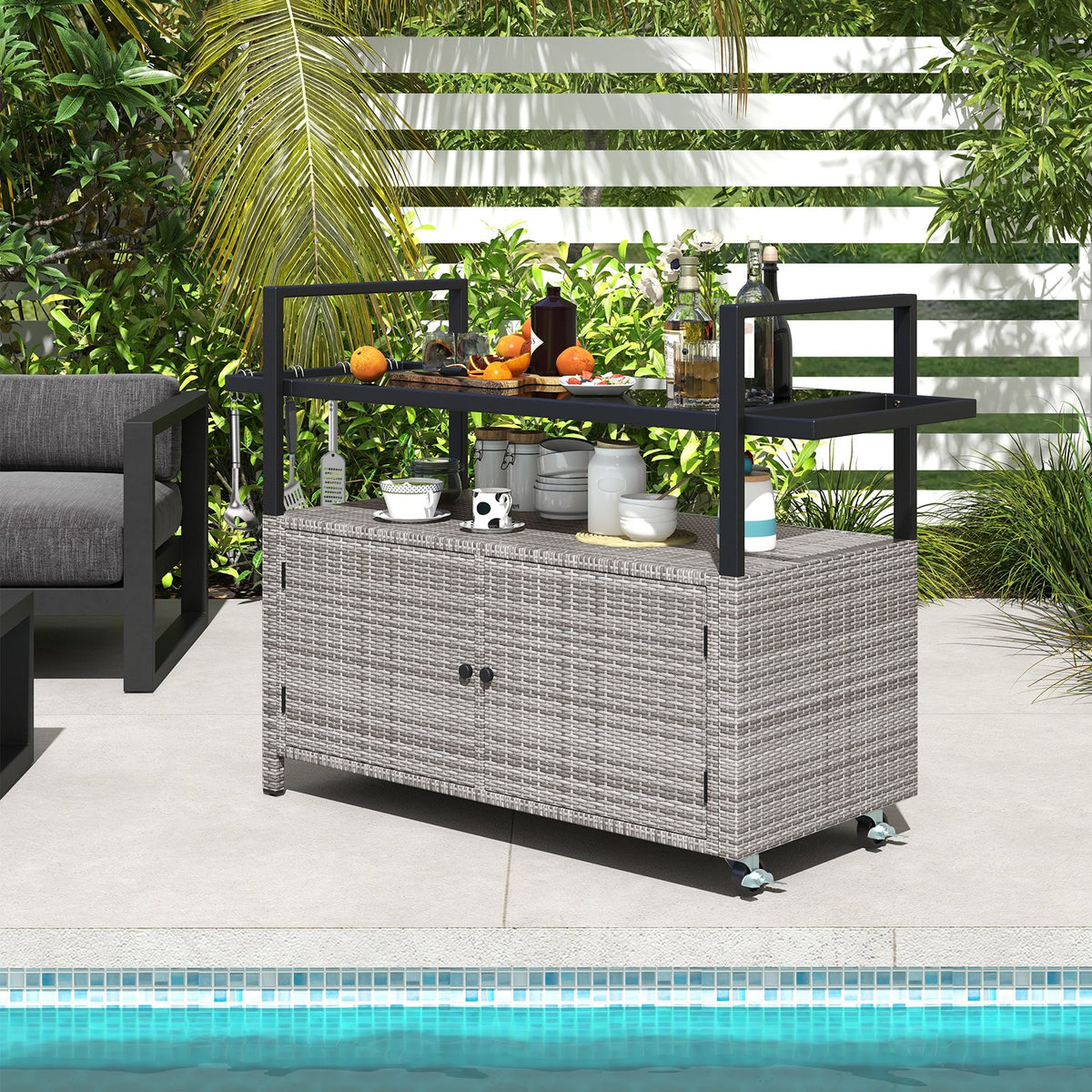 Outdoor Bar Cart Wicker Buffet Serving Cart with Cabinet and 8 Hooks-Gray view 6
