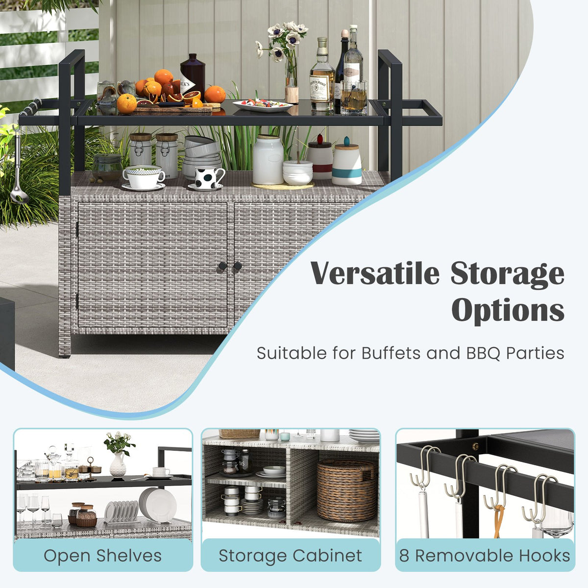 Outdoor Bar Cart Wicker Buffet Serving Cart with Cabinet and 8 Hooks-Gray view 7