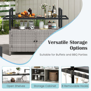 Outdoor Bar Cart Wicker Buffet Serving Cart with Cabinet and 8 Hooks-Gray view 7