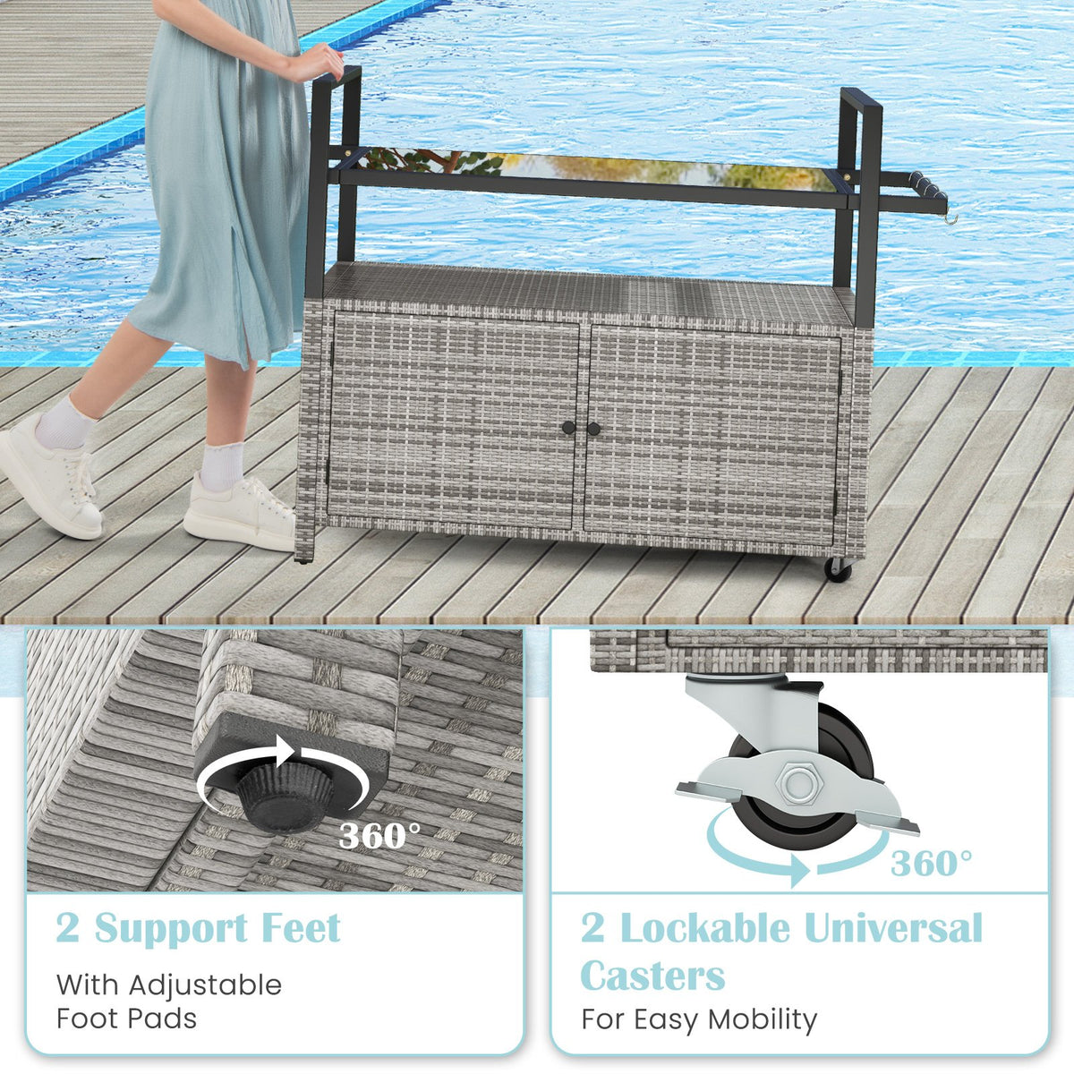Outdoor Bar Cart Wicker Buffet Serving Cart with Cabinet and 8 Hooks-Gray view 9