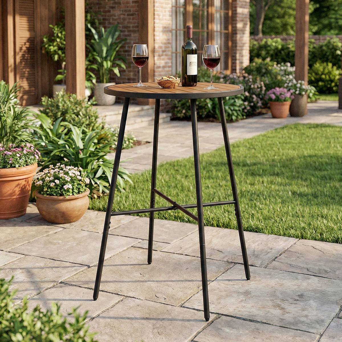 Outdoor Bar Table 41 inch Bar Height Patio Round Table with Acacia Wood Top and Metal Frame view 2