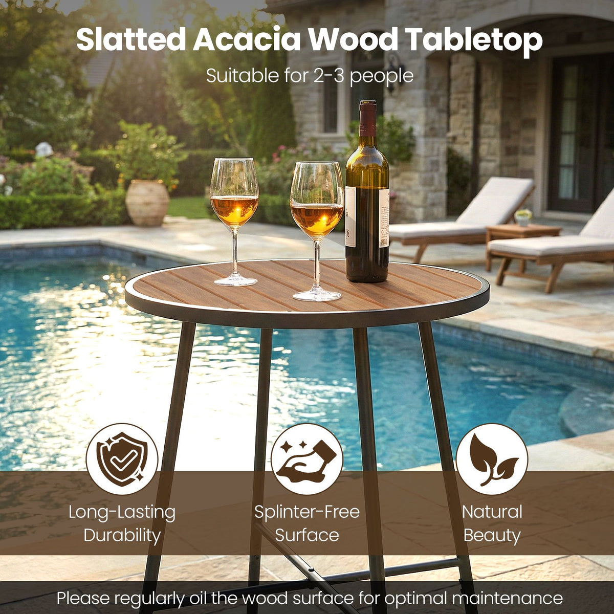 Outdoor Bar Table 41 inch Bar Height Patio Round Table with Acacia Wood Top and Metal Frame view 8