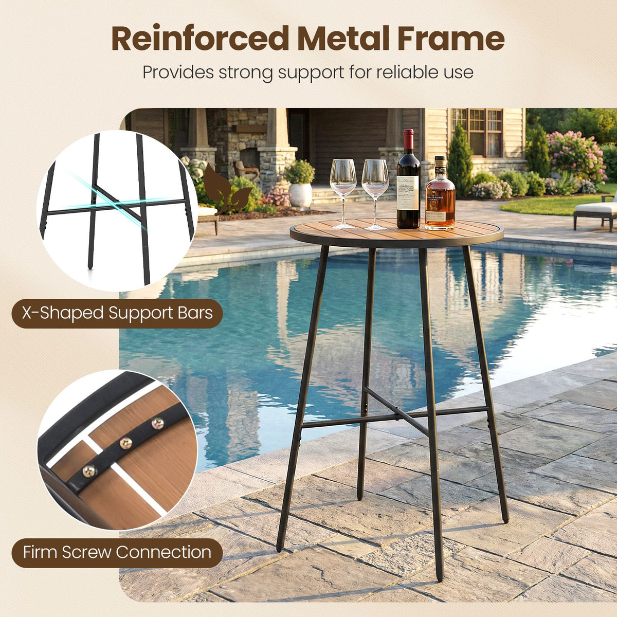 Outdoor Bar Table 41 inch Bar Height Patio Round Table with Acacia Wood Top and Metal Frame view 9