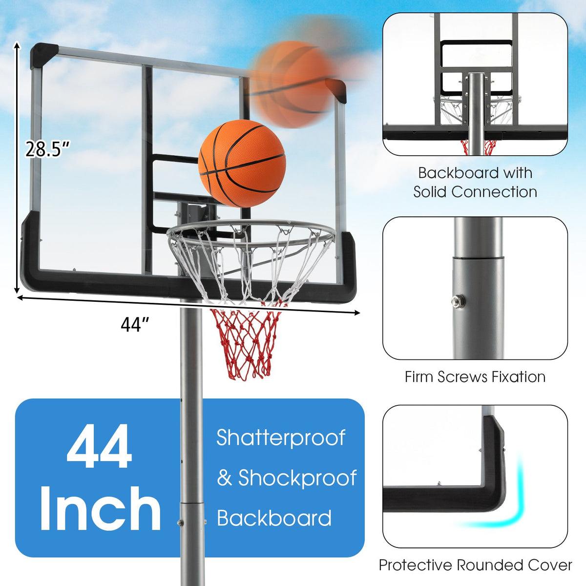 Basketball Hoop with 5.4-6.6FT Adjustable Height and 50 Inch Backboard-Black view 6