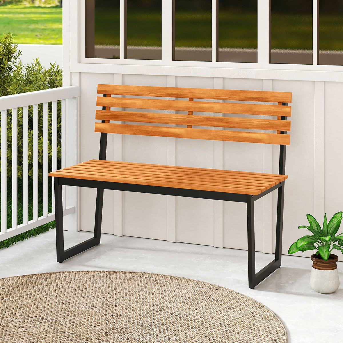 Outdoor Bench Acacia Wood Patio Loveseat with Backrest and Heavy Duty Metal Frame view 5