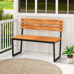 Outdoor Bench Acacia Wood Patio Loveseat with Backrest and Heavy Duty Metal Frame view 5