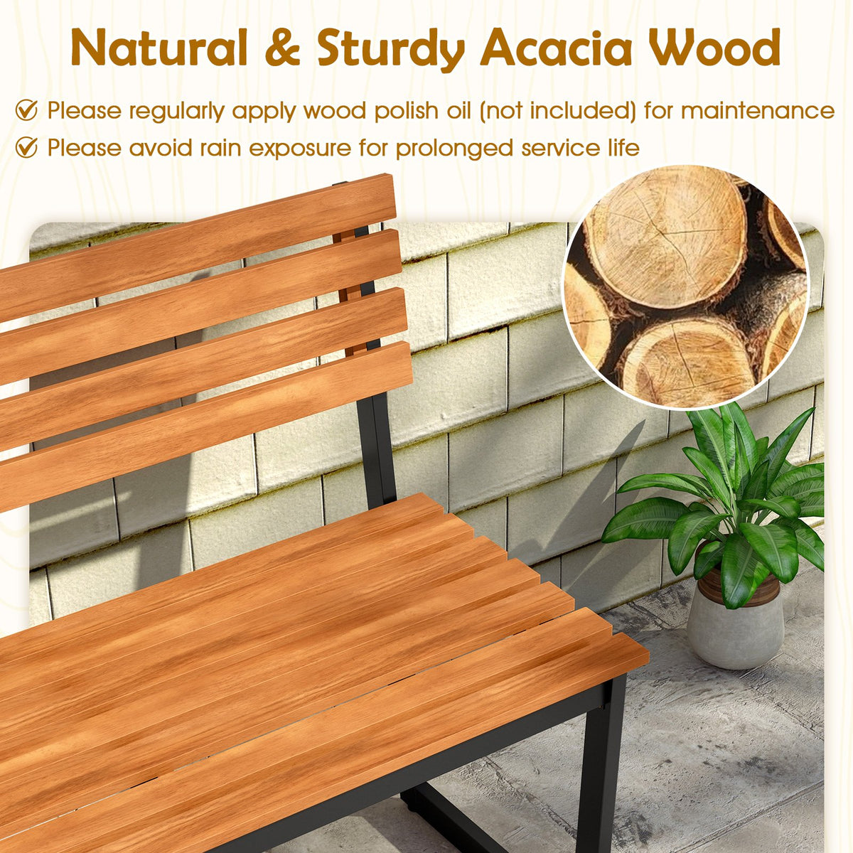 Outdoor Bench Acacia Wood Patio Loveseat with Backrest and Heavy Duty Metal Frame view 6
