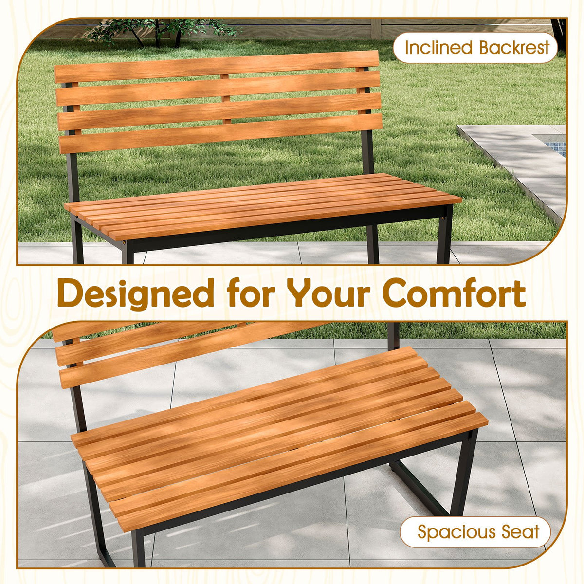 Outdoor Bench Acacia Wood Patio Loveseat with Backrest and Heavy Duty Metal Frame view 8