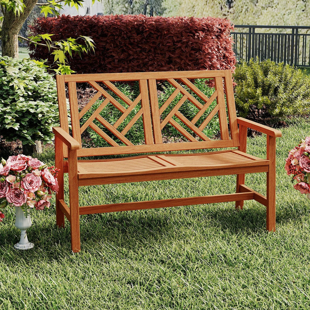 Outdoor Bench Wood 2-Person Patio Loveseat Chair with Geometric Backrest view 2