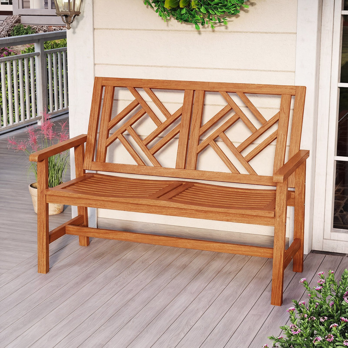 Outdoor Bench Wood 2-Person Patio Loveseat Chair with Geometric Backrest view 3