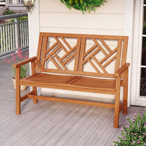 Outdoor Bench Wood 2-Person Patio Loveseat Chair with Geometric Backrest view 3